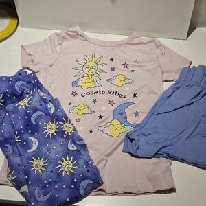 Cuddl Duds Girls Pajama Set Size 10 Blue Pink 3-Piece Set Celestial Soft Cozy